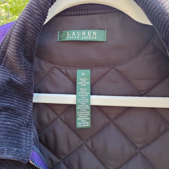 Lauren Ralph Lauren Quilted Jacket Women Sz XL Purple Black Corduroy Collar Trim - Picture 3 of 13